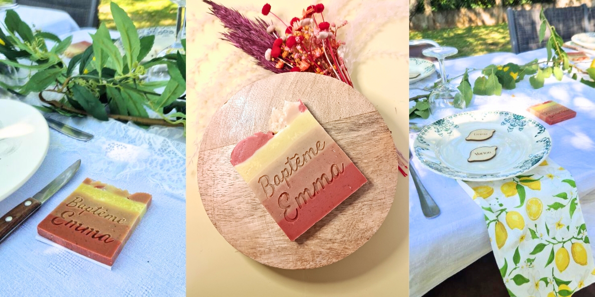 Savons personnalisés pour cadeau mariage baptême ou entreprise - Savonnerie artisanale Cos'mo Atelier - Jura 39