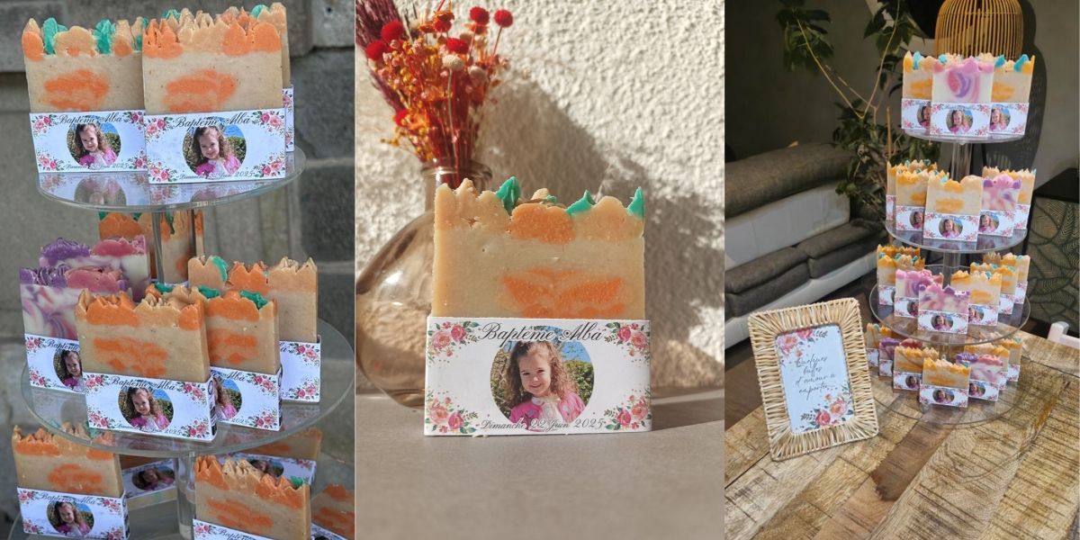 Savons personnalisés pour cadeau mariage baptême ou entreprise - Savonnerie artisanale Cos'mo Atelier - Jura 39