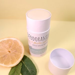 Déodorant naturel sans bicarbonate de soude - 100% naturel - Aux huiles essentielles de citron et Menthe Poivrée bio - Tube en carton push-up Savonnerie Cos'mo Atelier - Jura 39